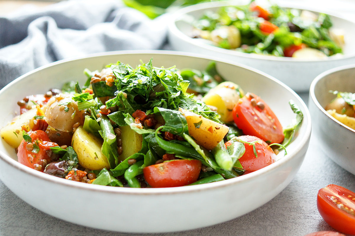 Linsen-Kartoffelsalat mit leckerer Rechtsregulat® Bio-Vinaigrette