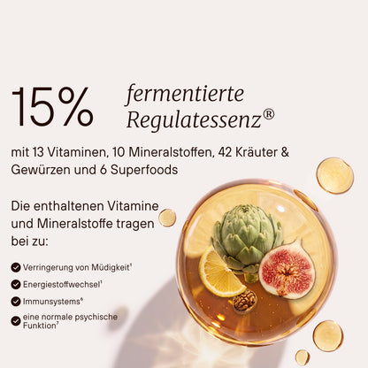 15 Prozent fermentierte Regulatessenz mit 13 Vitaminen, 10 Mineralstoffen, 42 Kräutern und Gewürzen und 6 Superfoods